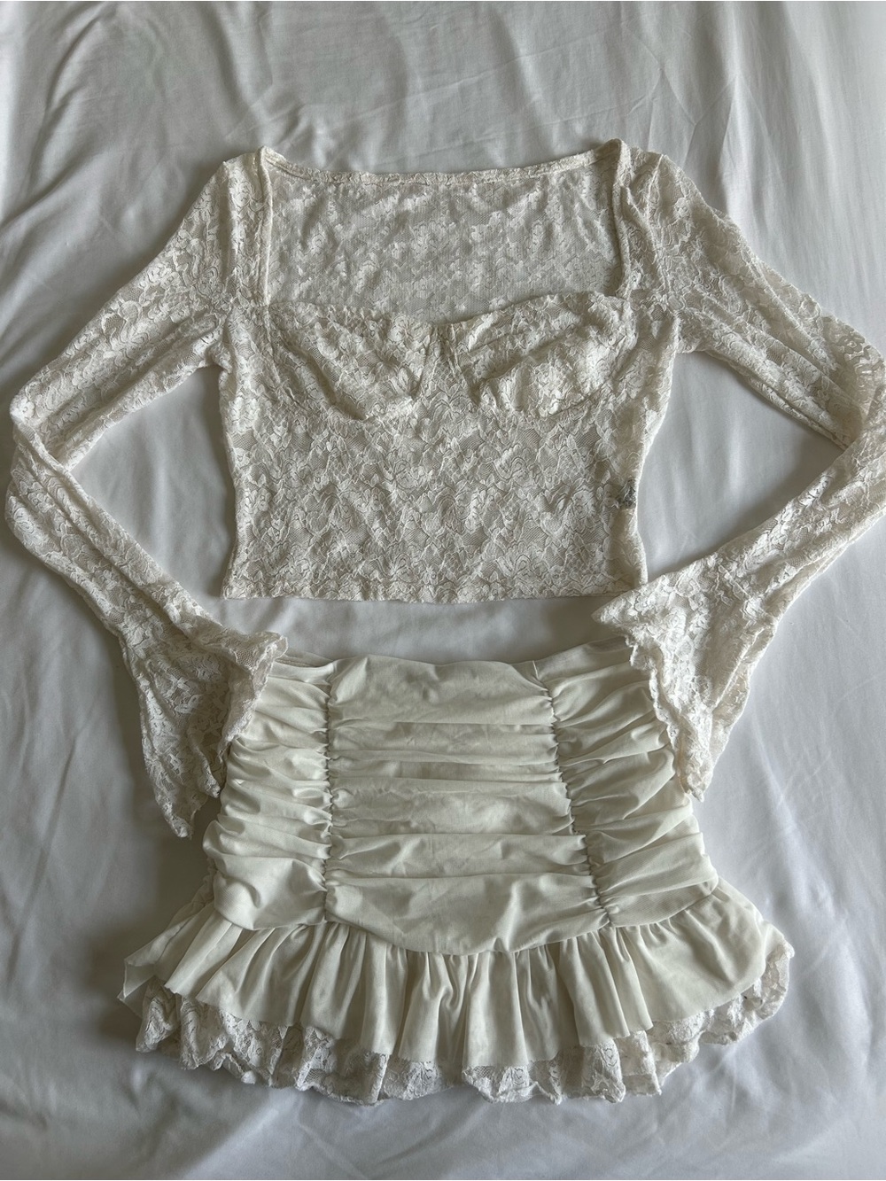 Two Piece Women's Lace Long-Sleeve and Mini Skirt